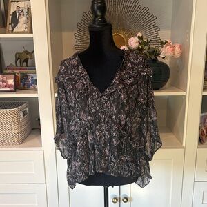 Sheer, breezy IRO Gray & Pink Floral V-Neck Women's Top